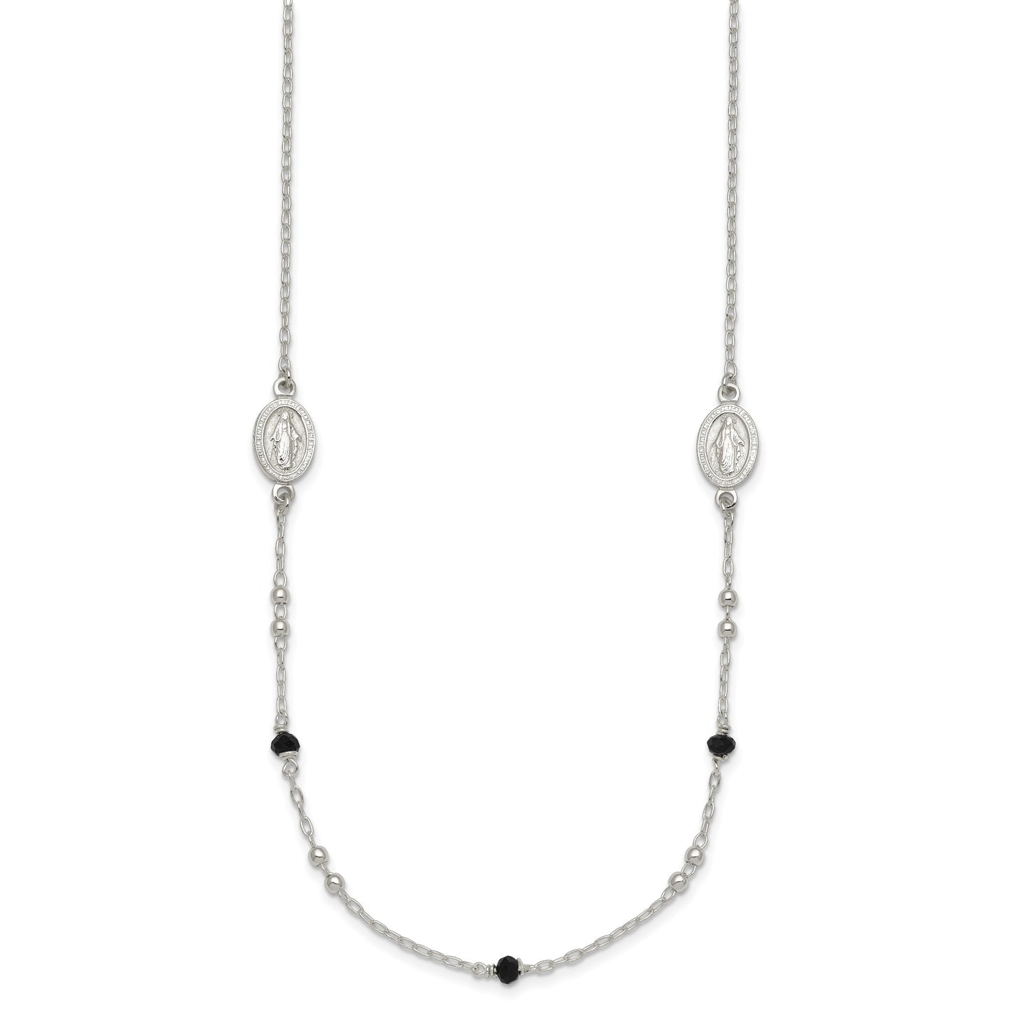 Sterling Silver Polished Textured Spanish Miraculous Medals with Black Glass Beads 16 inch Necklace
