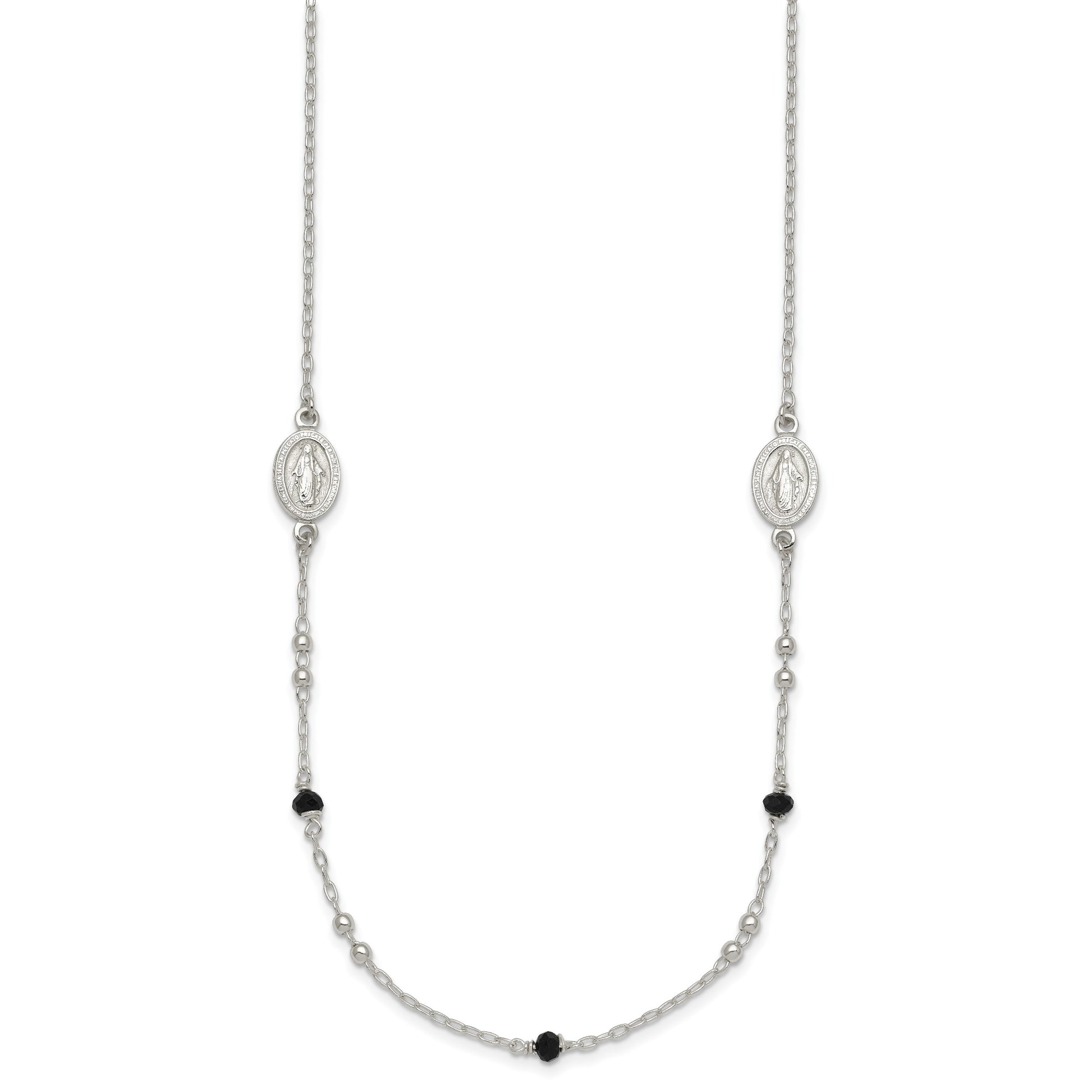 Sterling Silver Polished Textured Spanish Miraculous Medals with Black Glass Beads 16 inch Necklace