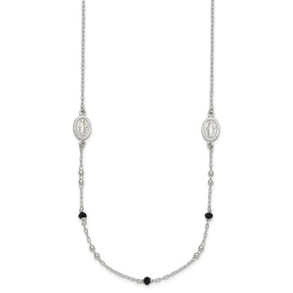 Sterling Silver Polished Textured Spanish Miraculous Medals with Black Glass Beads 16 inch Necklace