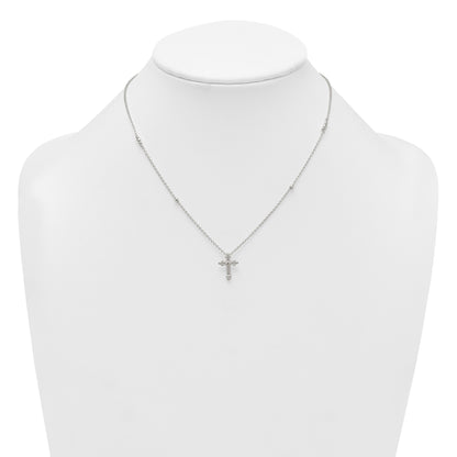 Sterling Silver Polished and Beaded White CZ Budded Cross 16.5 inch with 1 inch Extension Necklace