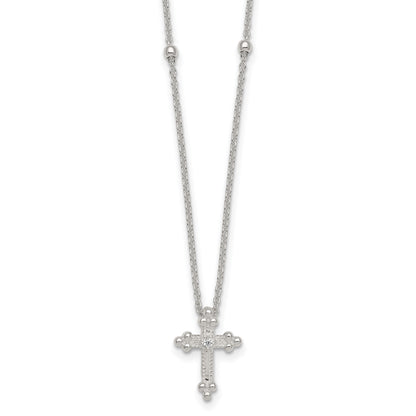 Sterling Silver Polished and Beaded White CZ Budded Cross 16.5 inch with 1 inch Extension Necklace