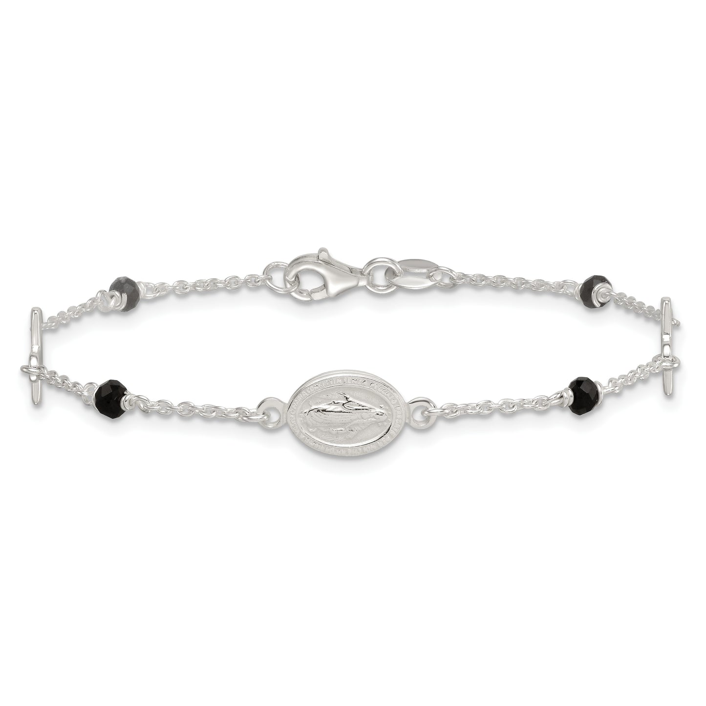 Sterling Silver Polished Spanish Miraculous Medal and Crosses with Black Glass Beads 7.5 inch Bracelet