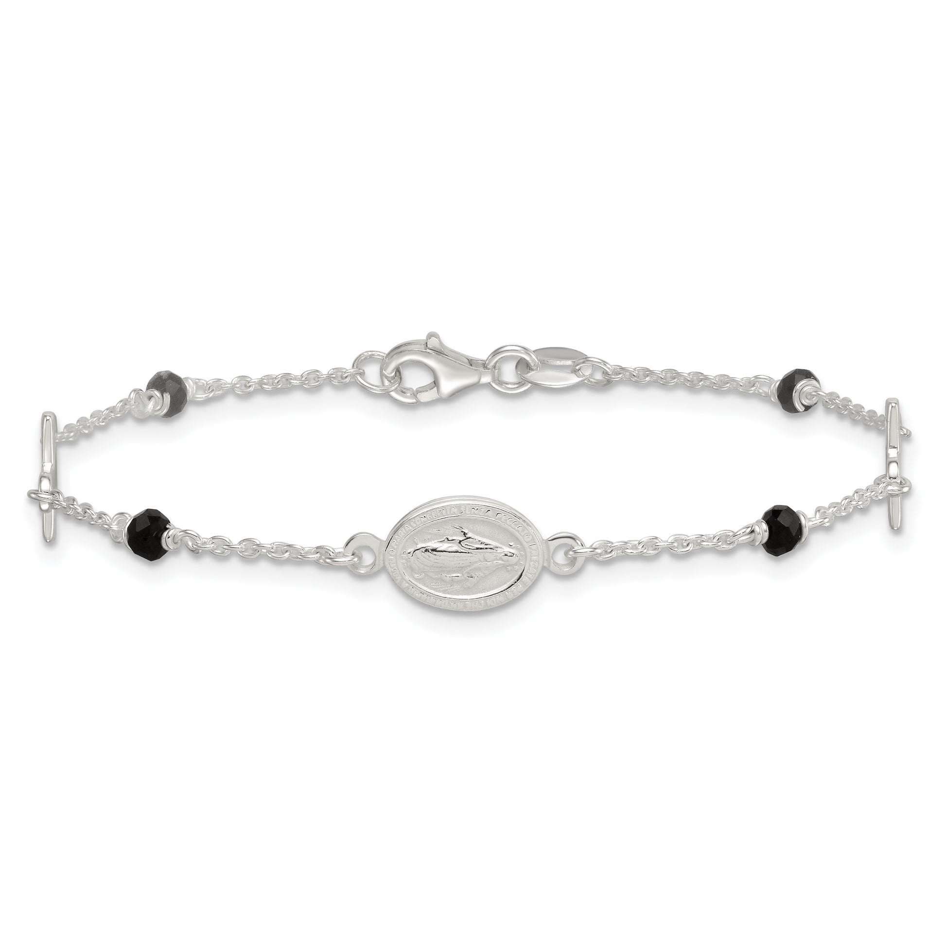 Sterling Silver Polished Spanish Miraculous Medal and Crosses with Black Glass Beads 7.5 inch Bracelet