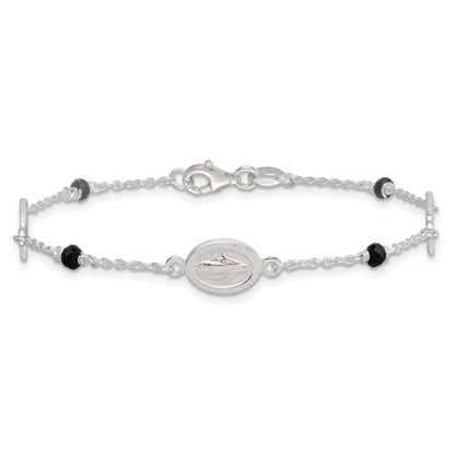 Sterling Silver Polished Spanish Miraculous Medal and Crosses with Black Glass Beads 7.5 inch Bracelet