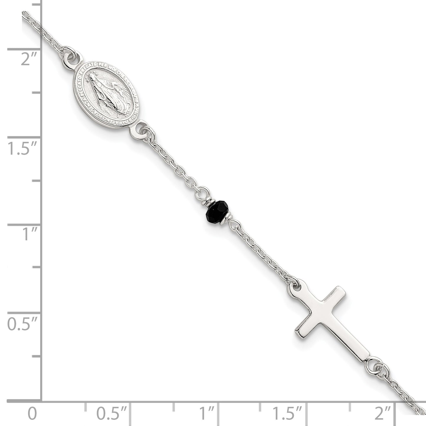 Sterling Silver Polished Spanish Miraculous Medal and Crosses with Black Glass Beads 7.5 inch Bracelet