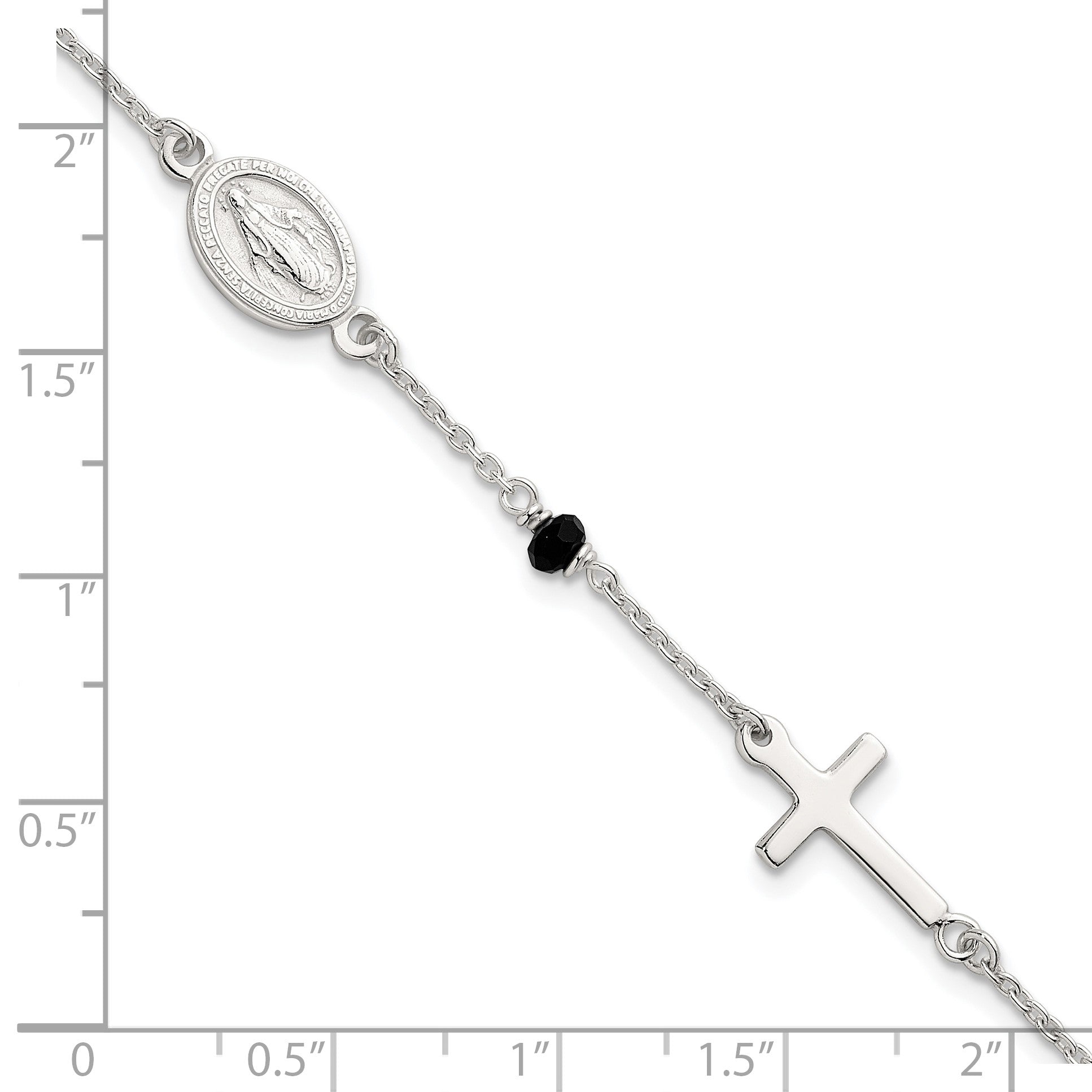 Sterling Silver Polished Spanish Miraculous Medal and Crosses with Black Glass Beads 7.5 inch Bracelet