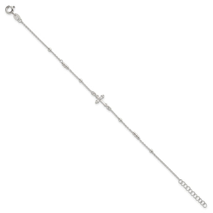 Sterling Silver Polished and Beaded White CZ Budded Cross 7 inch with 1 inch Extension Bracelet