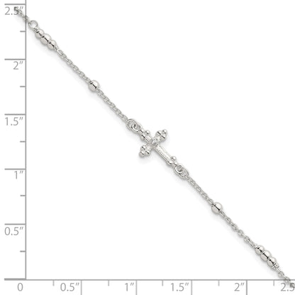Sterling Silver Polished and Beaded White CZ Budded Cross 7 inch with 1 inch Extension Bracelet