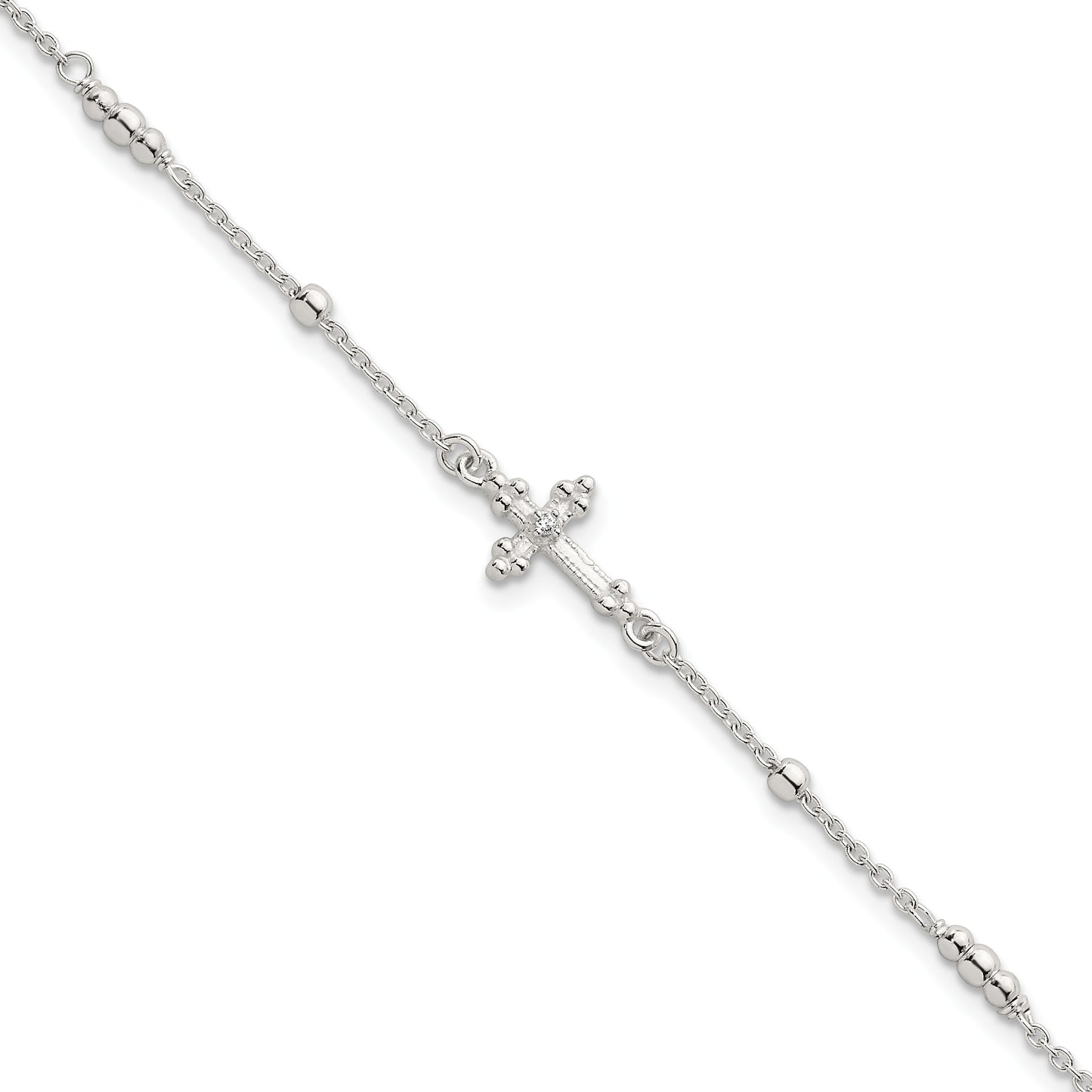 Sterling Silver Polished and Beaded White CZ Budded Cross 7 inch with 1 inch Extension Bracelet