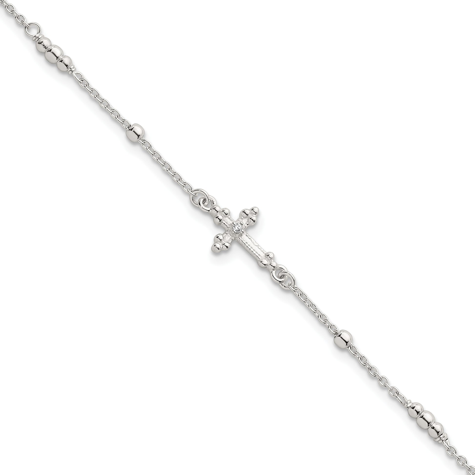 Sterling Silver Polished and Beaded White CZ Budded Cross 7 inch with 1 inch Extension Bracelet