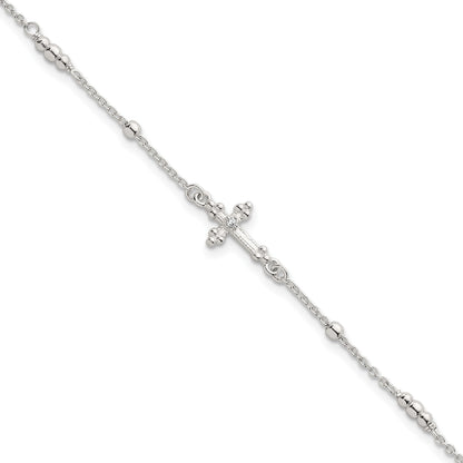 Sterling Silver Polished and Beaded White CZ Budded Cross 7 inch with 1 inch Extension Bracelet
