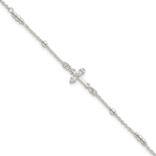 Sterling Silver Polished and Beaded White CZ Budded Cross 7 inch with 1 inch Extension Bracelet