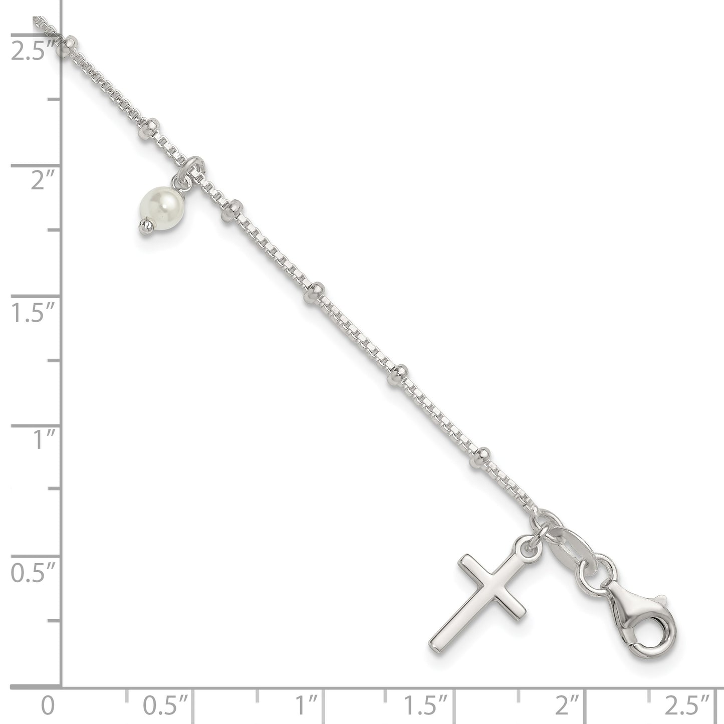 Sterling Silver Polished and Beaded with Glass Pearls and Cross Charm 7.5 inch Bracelet