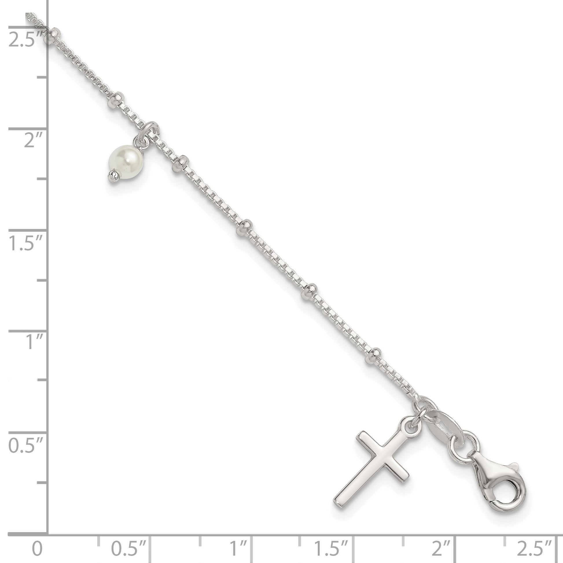 Sterling Silver Polished and Beaded with Glass Pearls and Cross Charm 7.5 inch Bracelet