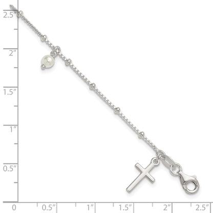 Sterling Silver Polished and Beaded with Glass Pearls and Cross Charm 7.5 inch Bracelet