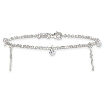Sterling Silver Polished White CZ Dangles and Cross Charm 7.5 inch Bracelet