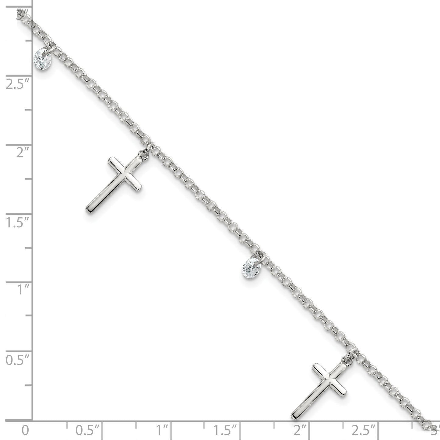 Sterling Silver Polished White CZ Dangles and Cross Charm 7.5 inch Bracelet