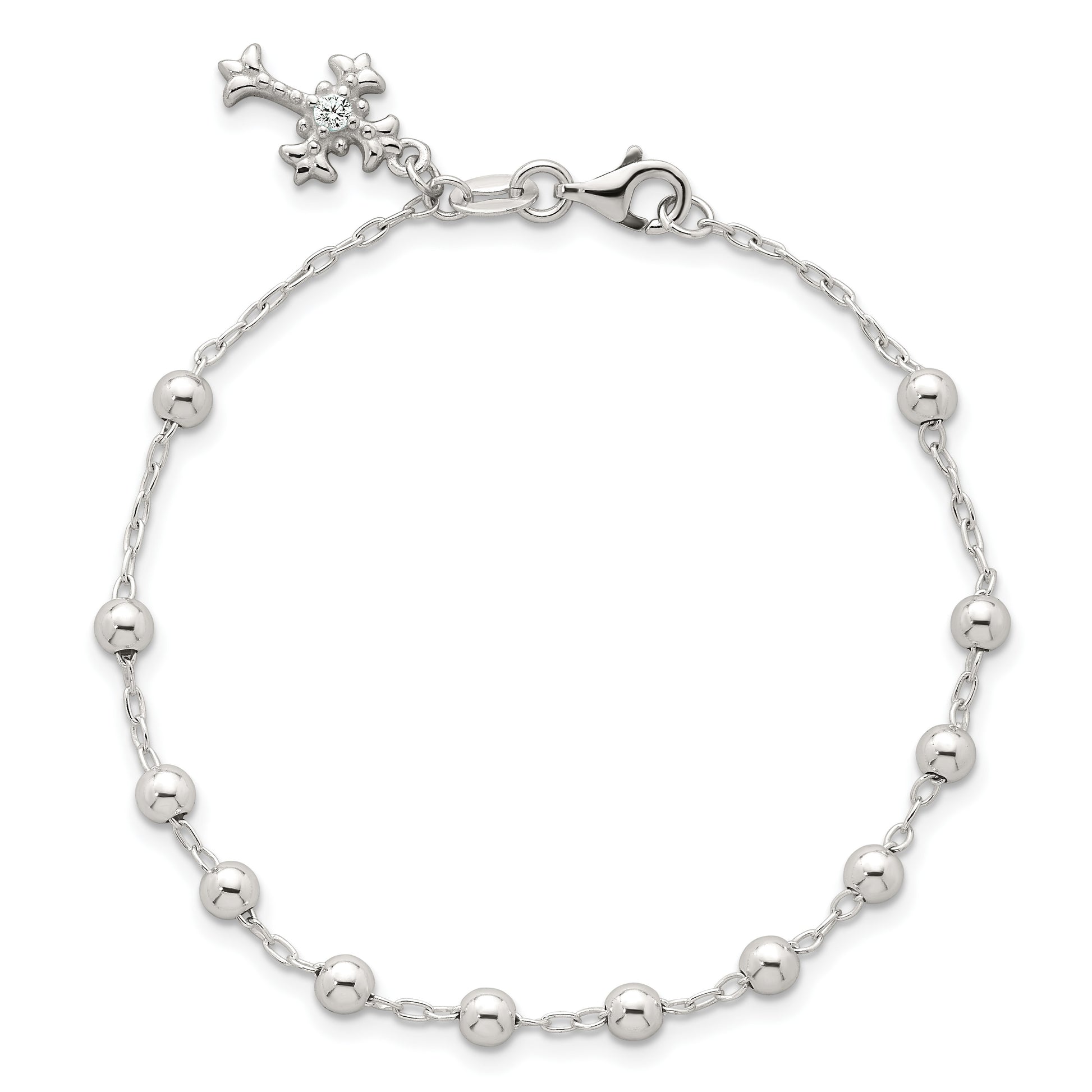 Sterling Silver Polished Beaded with White CZ Fleur de Lis Cross Charm 7.5 inch Bracelet