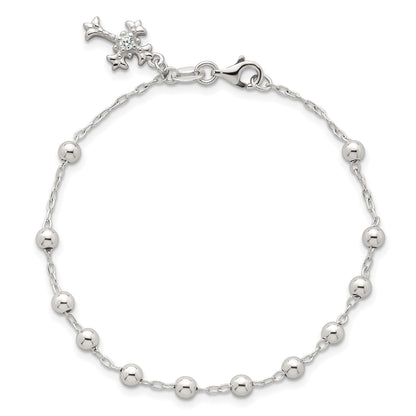 Sterling Silver Polished Beaded with White CZ Fleur de Lis Cross Charm 7.5 inch Bracelet