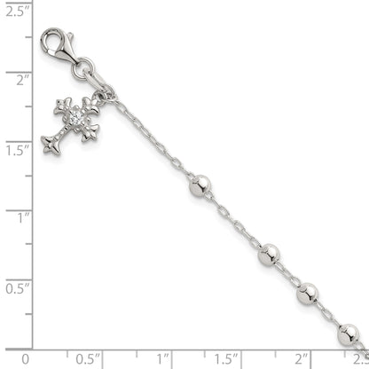 Sterling Silver Polished Beaded with White CZ Fleur de Lis Cross Charm 7.5 inch Bracelet