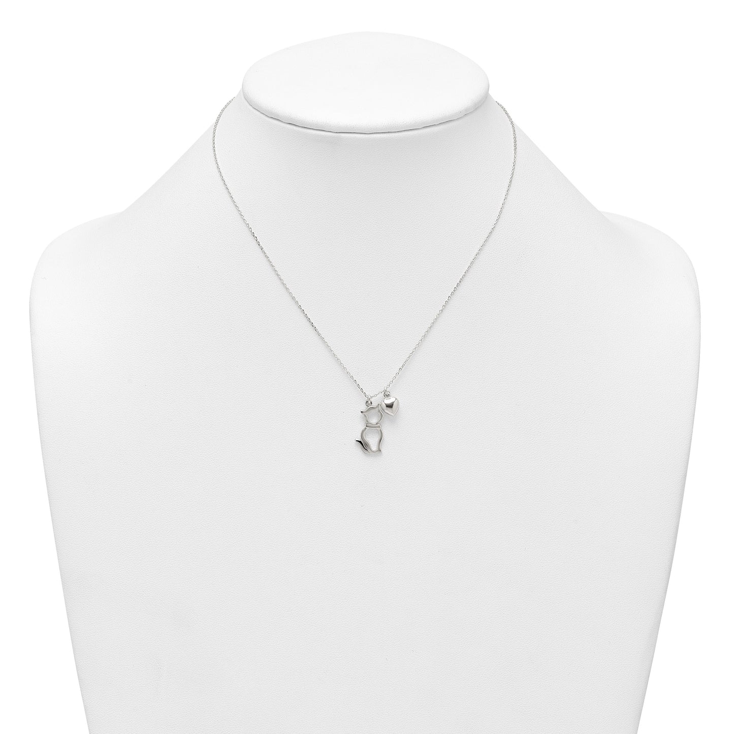 Sterling Silver Polished Cat Silhouette and Puffed Heart Charm 16 inch Necklace