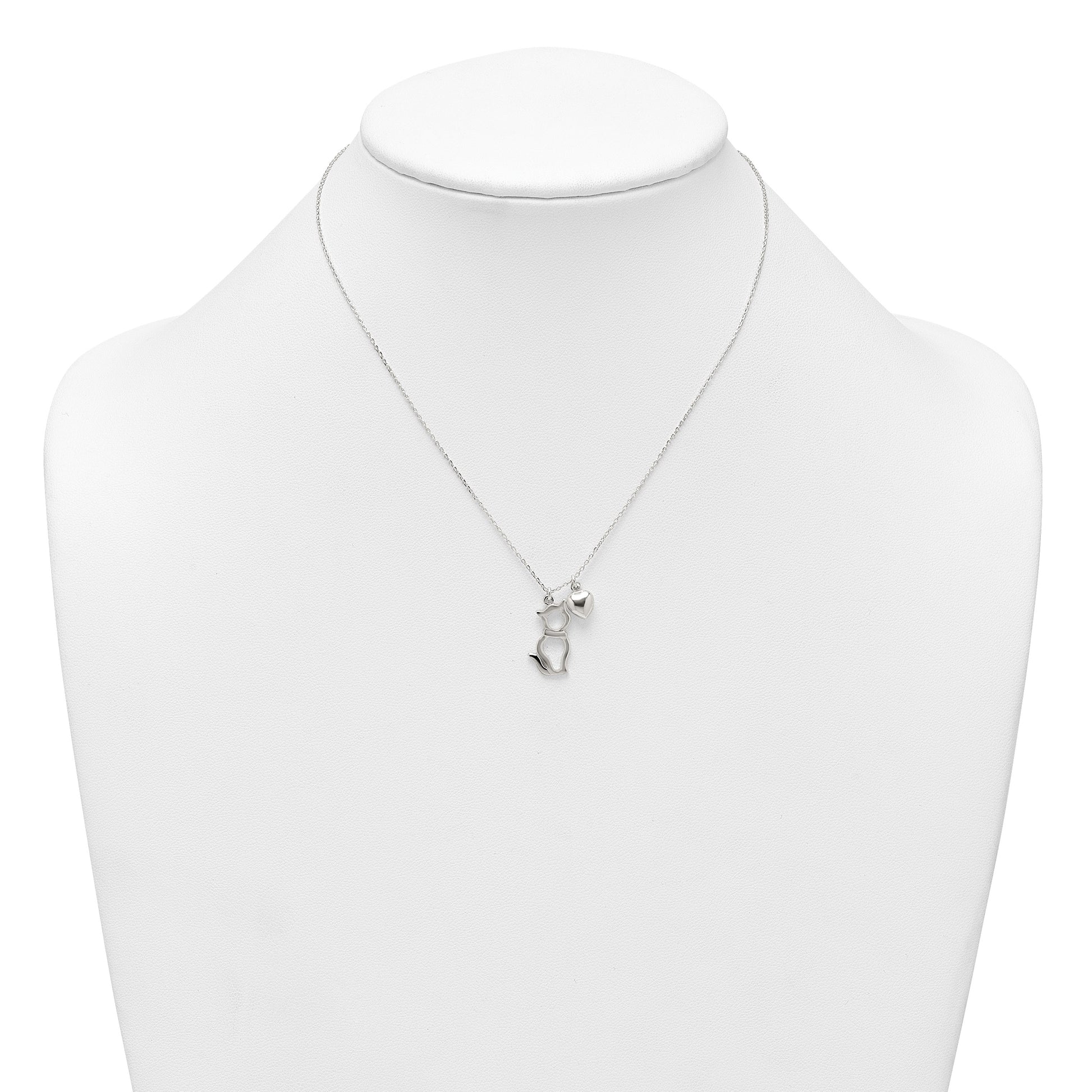 Sterling Silver Polished Cat Silhouette and Puffed Heart Charm 16 inch Necklace