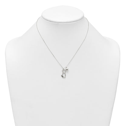 Sterling Silver Polished Cat Silhouette and Puffed Heart Charm 16 inch Necklace