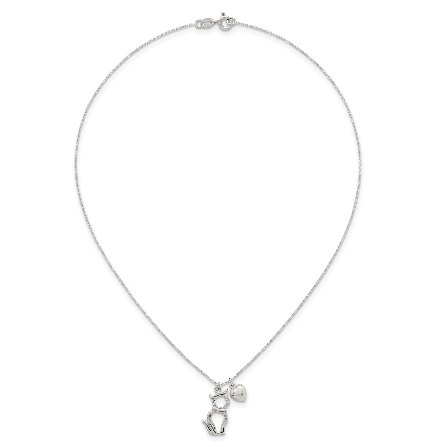Sterling Silver Polished Cat Silhouette and Puffed Heart Charm 16 inch Necklace