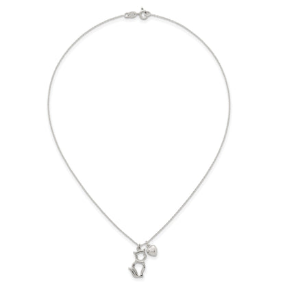 Sterling Silver Polished Cat Silhouette and Puffed Heart Charm 16 inch Necklace