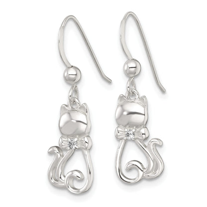 Sterling Silver Polished White CZ Cat Silhouette With Bowtie Dangle Shepherd Hook Earrings