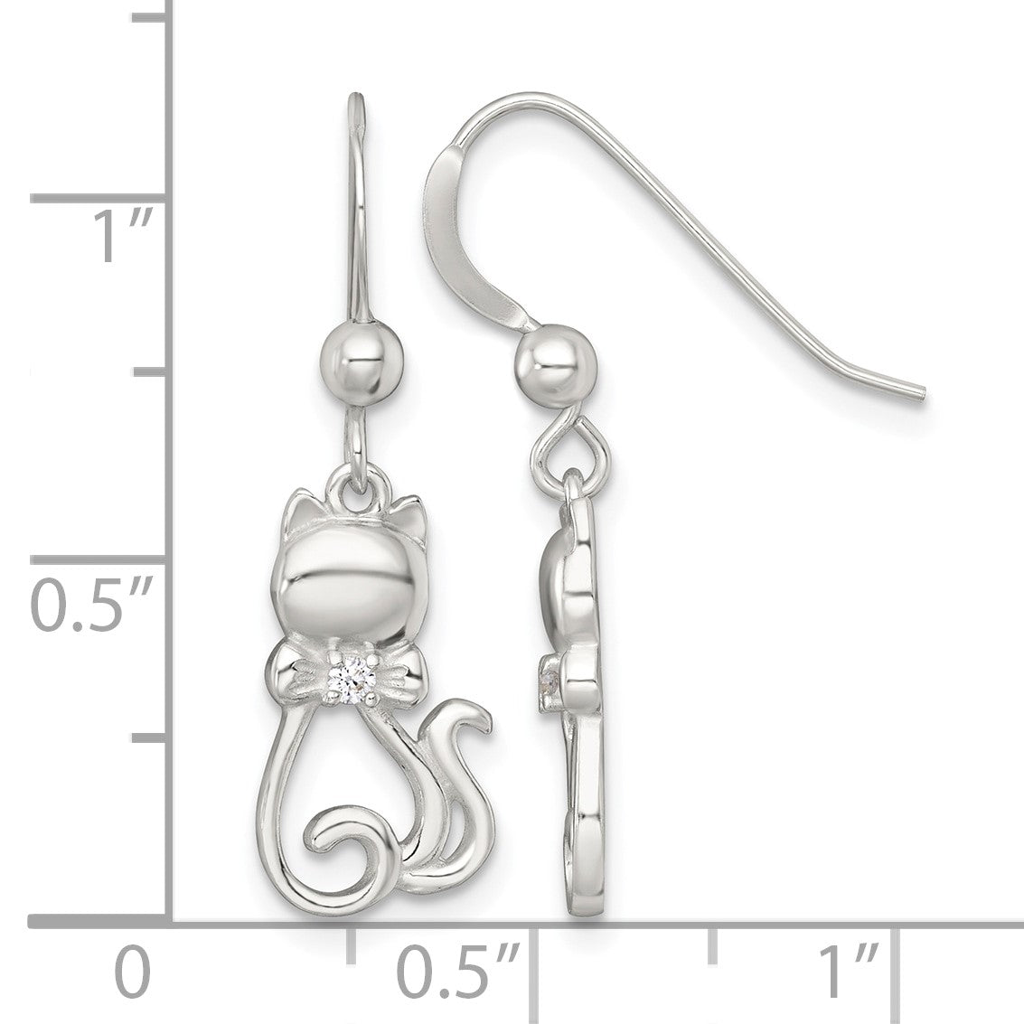 Sterling Silver Polished White CZ Cat Silhouette With Bowtie Dangle Shepherd Hook Earrings
