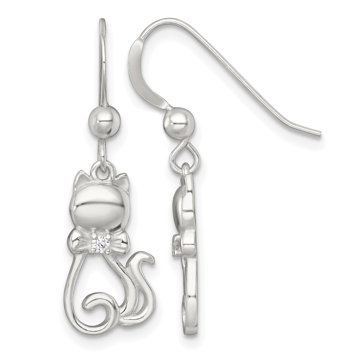 Sterling Silver Polished White CZ Cat Silhouette With Bowtie Dangle Shepherd Hook Earrings