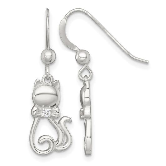 Sterling Silver Polished White CZ Cat Silhouette With Bowtie Dangle Shepherd Hook Earrings
