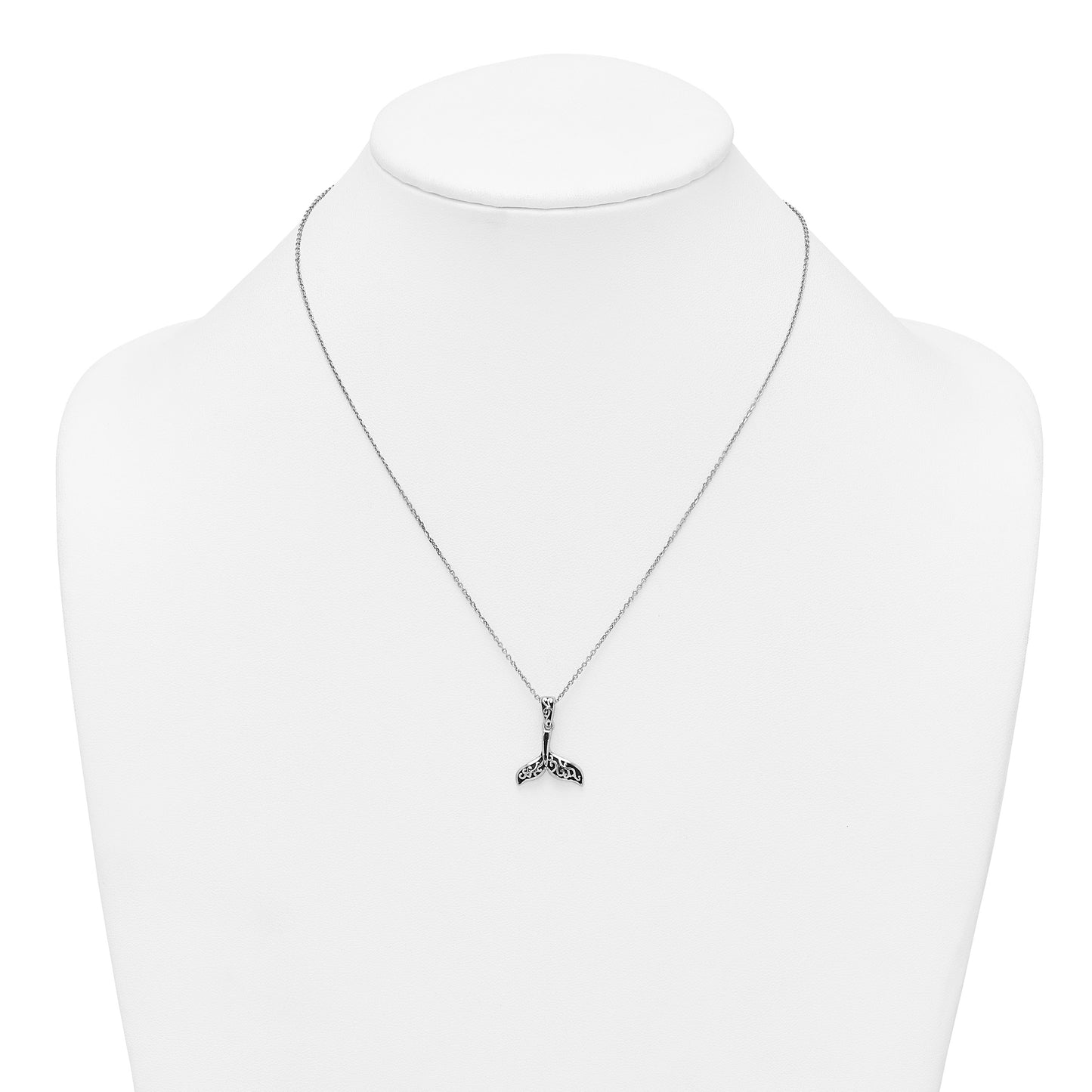Sterling Silver Rhodium-plated Polished and Oxidized Filigree Whale Tail 18 Inch Necklace