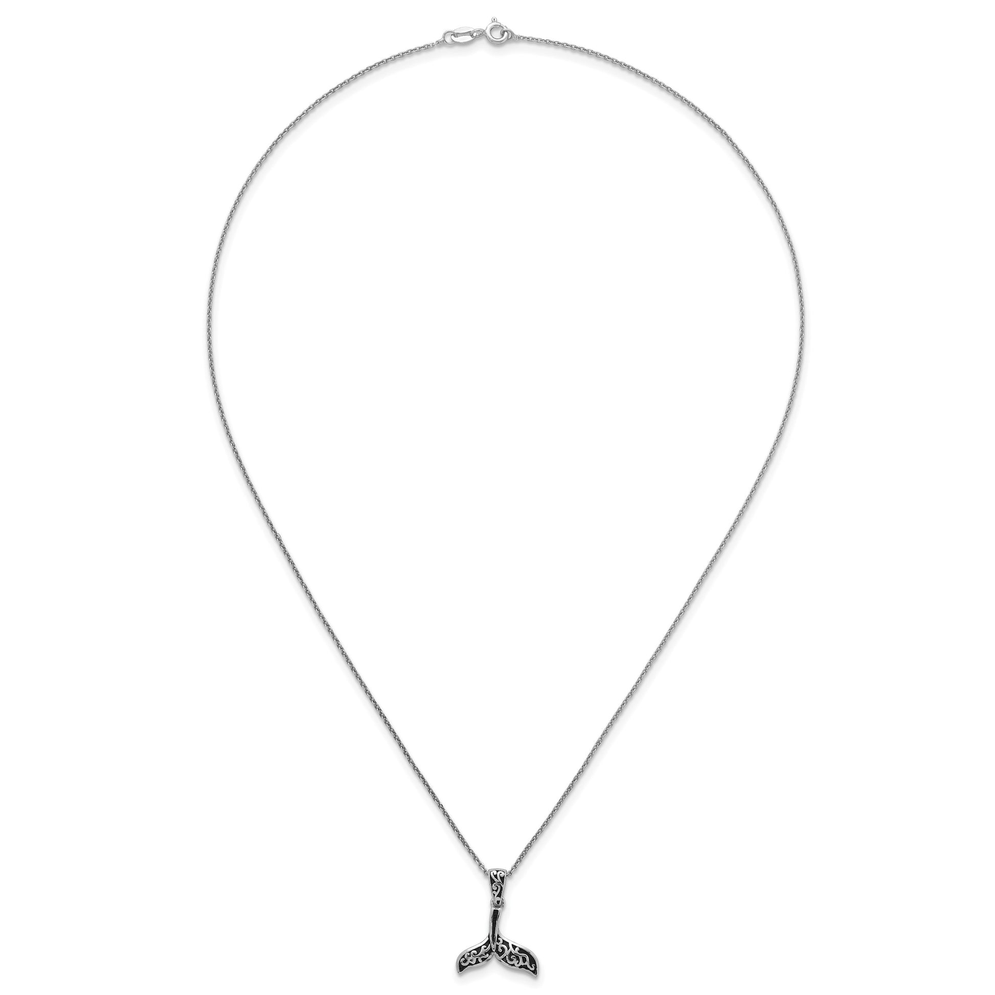 Sterling Silver Rhodium-plated Polished and Oxidized Filigree Whale Tail 18 Inch Necklace