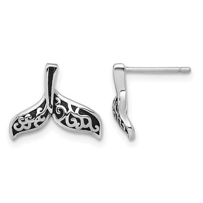 Sterling Silver Rhodium-plated Polished and Oxidized Filigree Whale Tail Post Earrings