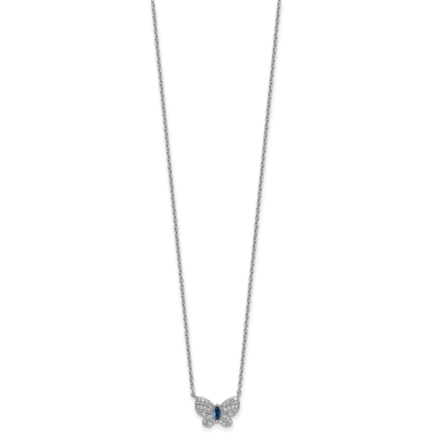 Sterling Silver Rhodium-plated Polished Blue Glass and White CZ Butterfly 16 Inch with 2 Inch Extension Necklace