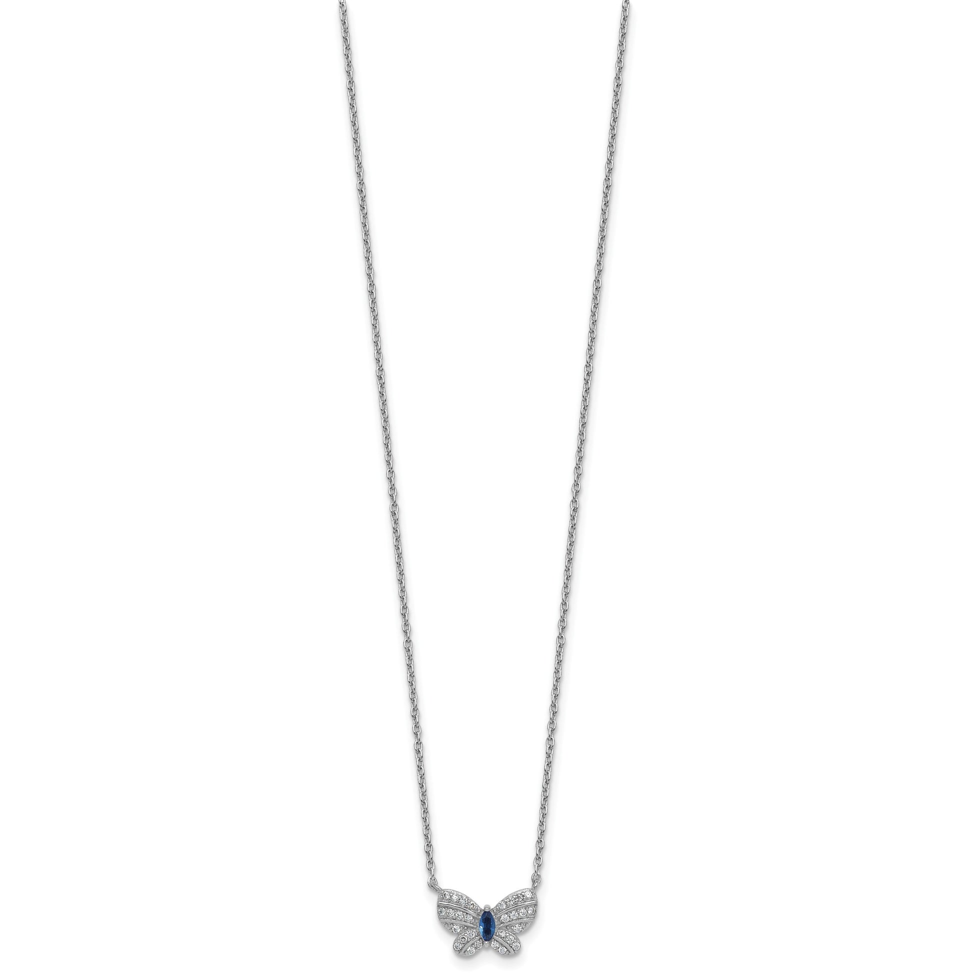 Sterling Silver Rhodium-plated Polished Blue Glass and White CZ Butterfly 16 Inch with 2 Inch Extension Necklace