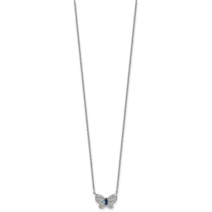 Sterling Silver Rhodium-plated Polished Blue Glass and White CZ Butterfly 16 Inch with 2 Inch Extension Necklace