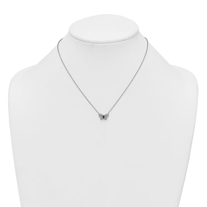 Sterling Silver Rhodium-plated Polished Blue Glass and White CZ Butterfly 16 Inch with 2 Inch Extension Necklace