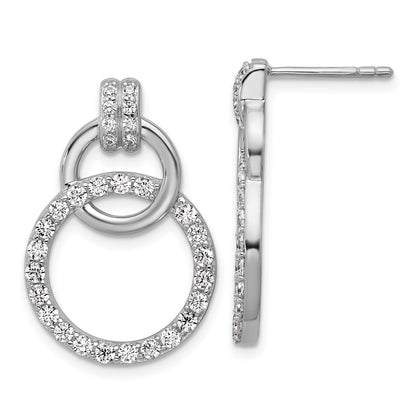 Sterling Silver Rhodium-plated Polished CZ Two Circle Dangle Post Earrings