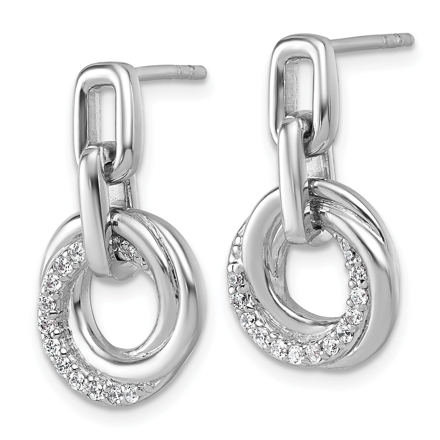Sterling Silver Rhodium-plated Polished CZ Circle Twist Dangle Post Earrings