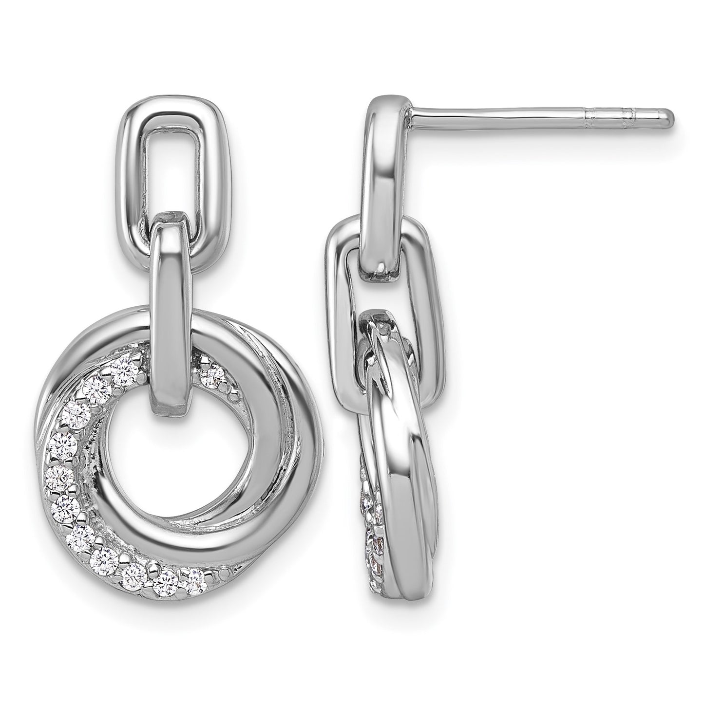 Sterling Silver Rhodium-plated Polished CZ Circle Twist Dangle Post Earrings
