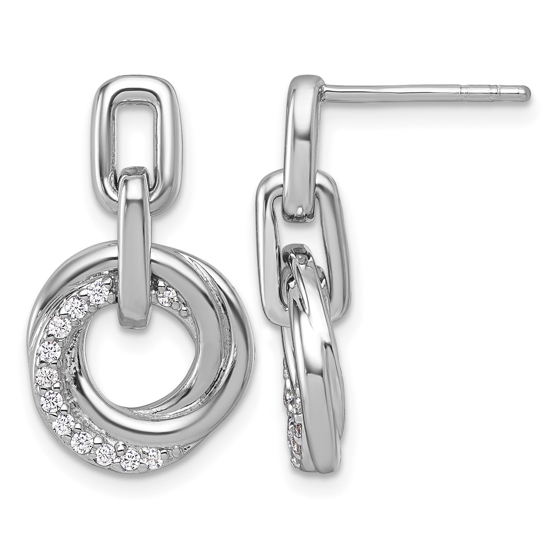Sterling Silver Rhodium-plated Polished CZ Circle Twist Dangle Post Earrings