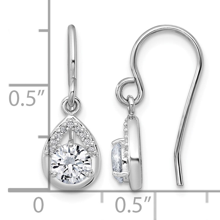 Sterling Silver Rhodium-plated Polished Round CZ Teardrop Dangle Shepherd Hook Earrings