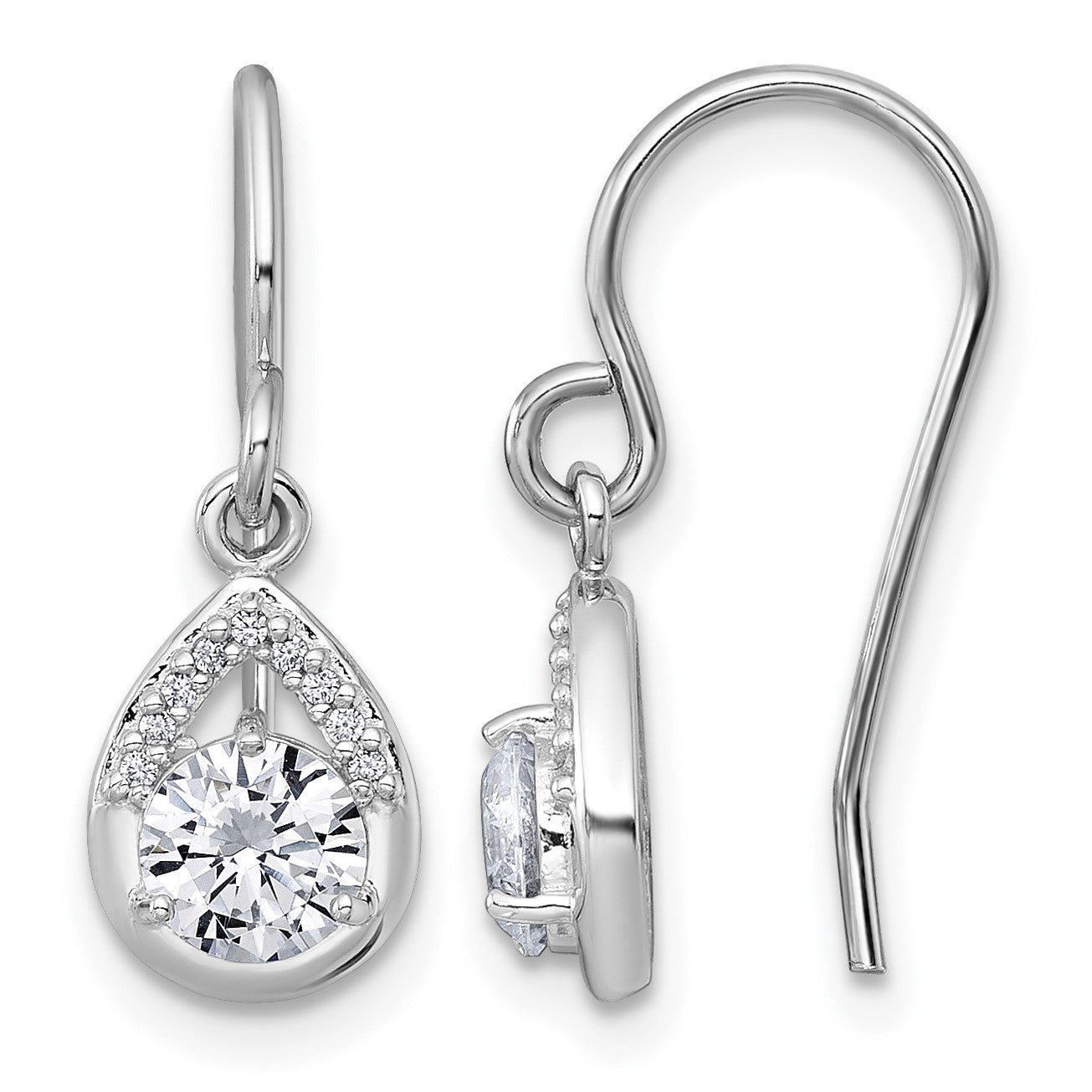 Sterling Silver Rhodium-plated Polished Round CZ Teardrop Dangle Shepherd Hook Earrings