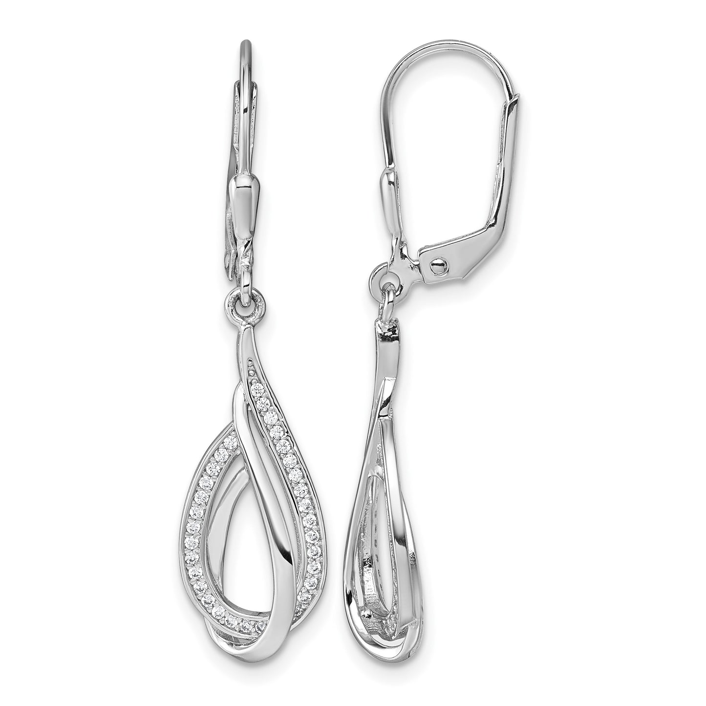 Sterling Silver Rhodium-plated CZ Polished Tear Drop Swirl Leverback Earrings