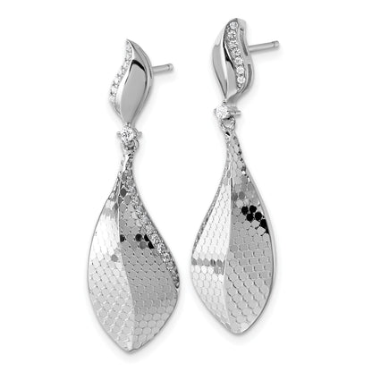 Sterling Silver Rhodium-plated CZ Polished Textured Abstract Tear Drop Dangle Post Earrings