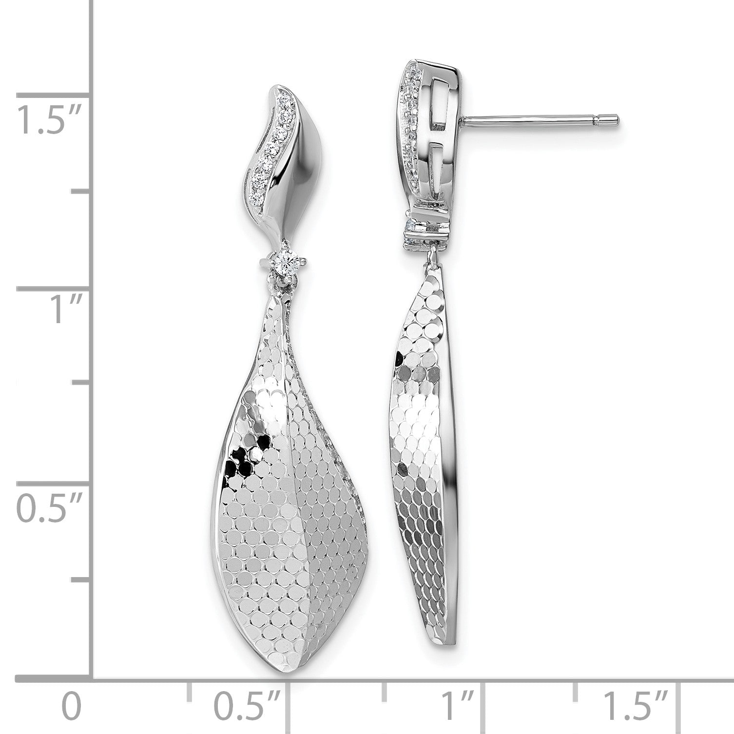 Sterling Silver Rhodium-plated CZ Polished Textured Abstract Tear Drop Dangle Post Earrings