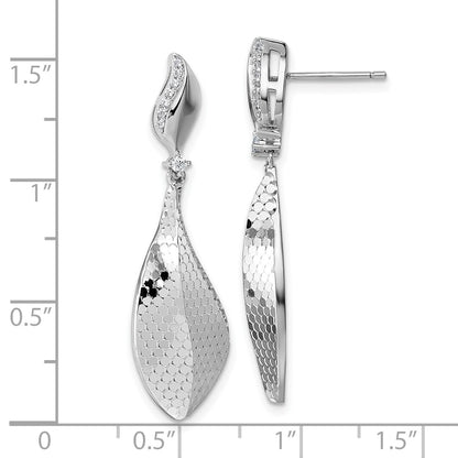 Sterling Silver Rhodium-plated CZ Polished Textured Abstract Tear Drop Dangle Post Earrings